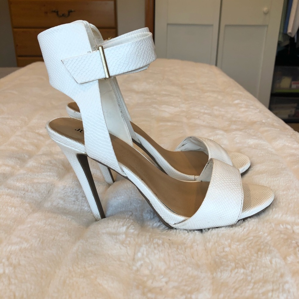 White ankle strap heels